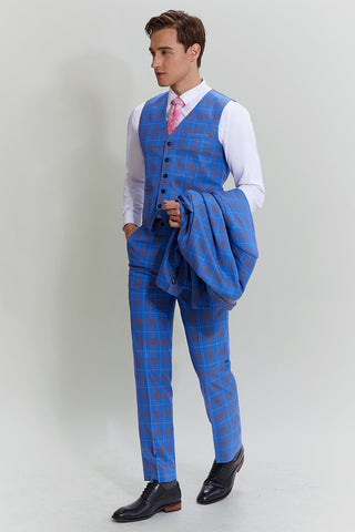 Blue Plaid Men's 3 Piece Tuxedo Suits