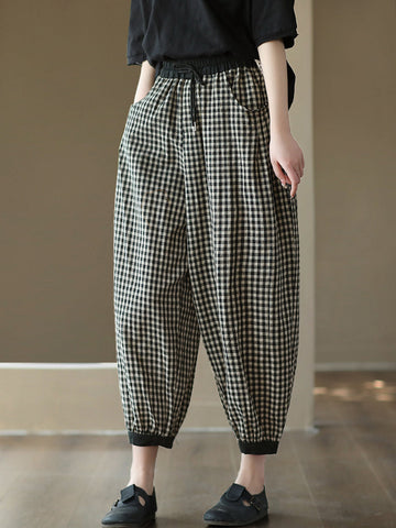 Women Summer Vintage Plaid Pocket Spliced Linen Harem Pants