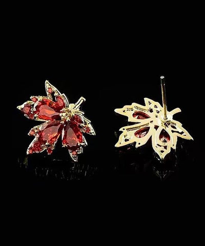 Chic Red Leaf Crystal Gilded Stud Earrings