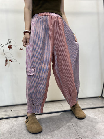 Women Summer Casual Stripe Pocket Cotton Harem Pants