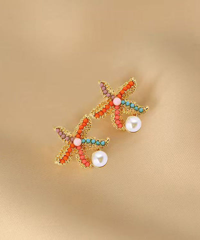 Beach Rainbow Alloy Pearl Coral Starfish Stud Earrings