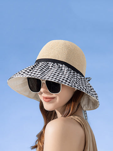 Summer Casual Straw Spliced Plaid Drawstring Hat