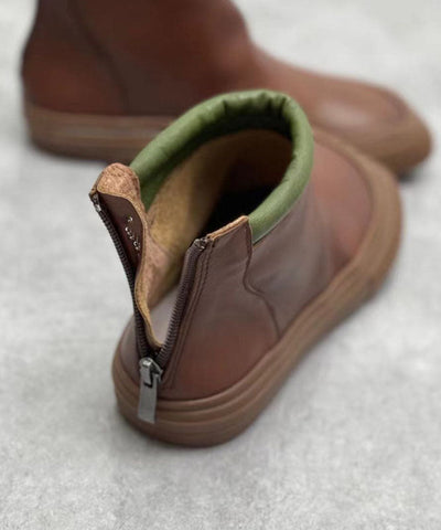 2022 Coffee Zippered Boots Cowhide Leather Ankle boots