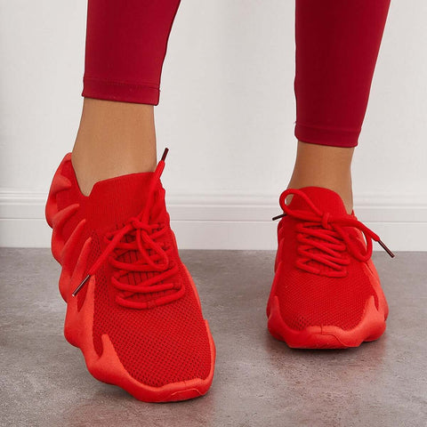 White Breathable Lace Up Running Sneakers Knit Athletic Shoes