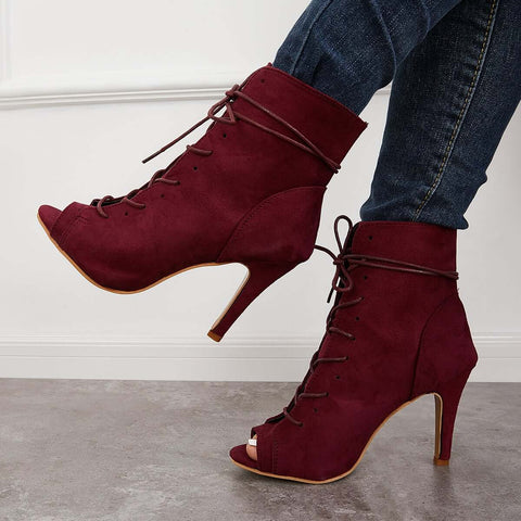 Peep Toe Stiletto High Heel Ankle Boots Lace Up Booties