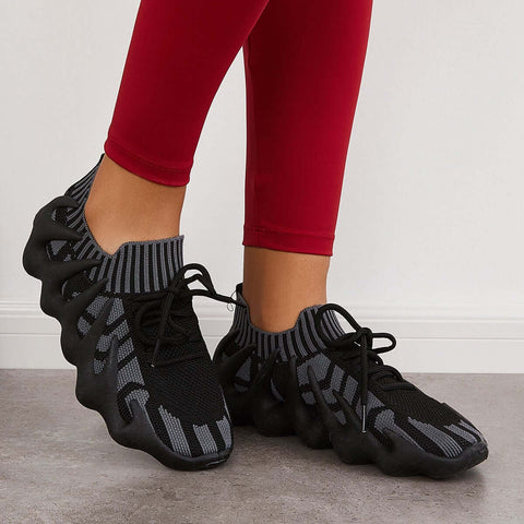 White Breathable Lace Up Running Sneakers Knit Athletic Shoes