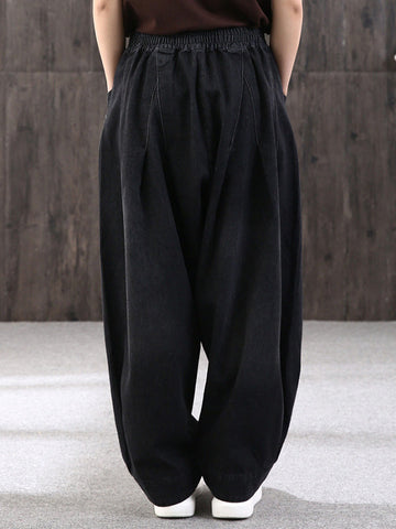 Leisure Solid Denim Puff Pants Bottoms