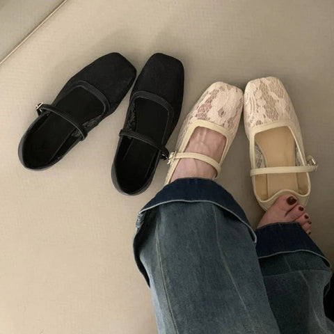 Mary Jane Flats Schuhe Damen Sommerschuhe mit quadratischer Zehenpartie und flachem Netzstoff, Schnallenriemen, Ballettschuhe, bequeme Mokassins