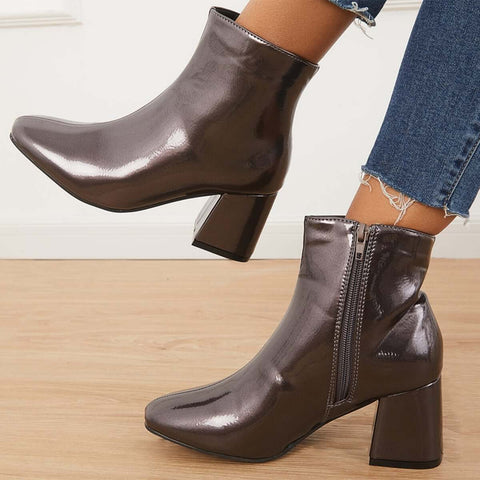 Patent Leather Block Heel Ankle Booties Square Toe Side Zipper Boots