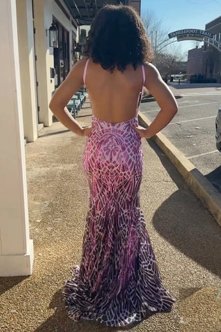 Stylish Mermaid Spaghetti Straps Pink Sequins Long Prom Dress