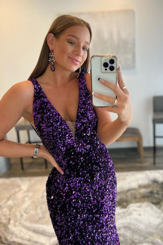 Mermaid Deep V Neck Purple Sequins Prom Dress with Open Back