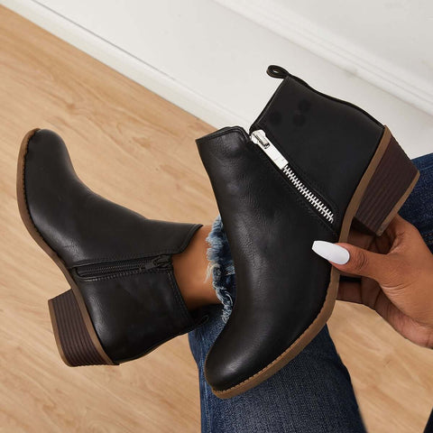 Chunky Block Heel Ankle Boots Side Zipper Booties