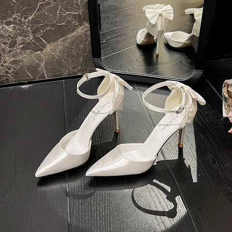 2024 New High Heels Women's Thin Heel Strap Satin White Wedding Shoes Butterfly Bridal Shoes