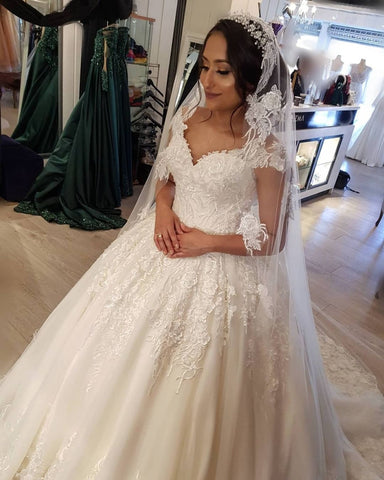 Cap Sleeves Lace Wedding Dress Ball Gown V-Neck