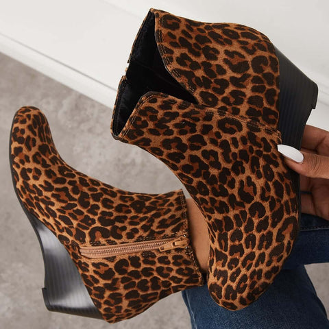 Cutout Ankle Wedge Booties V-cut Stacked Heel Boots