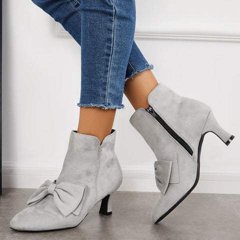 Bowknot Kittten Heel Ankle Boots Side Zipper Dress Short Booties