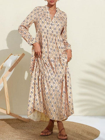 Bedrucktes, langärmliges Midikleid mit Einkerbungen
