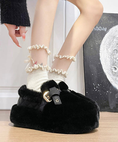 Schwarze, flauschige, mit Wolle gefütterte Plateauschuhe mit stilvollem Spleißdesign