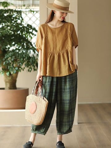 Women Summer Vintage Pocket Plaid Linen Harem Pants