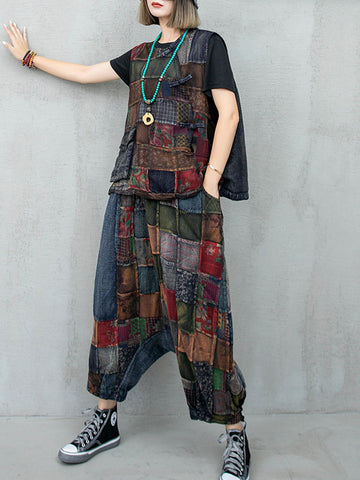 Women Summer Retro Plaid Spliced Pocket Low Crotch Pants