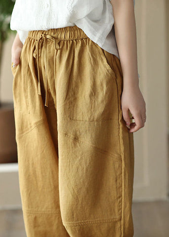 Retro Yellow Pockets Elastic Waist Patchwork Linen Crop Pants Summer
