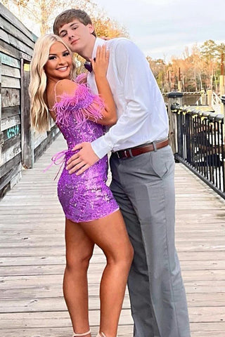 Sheath Off the Shoulder Purple Sequins Short Homecoming Dress with Feather