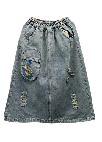 Vintage Light Blue Embroideried Patchwork Cotton Long Skirt Summer