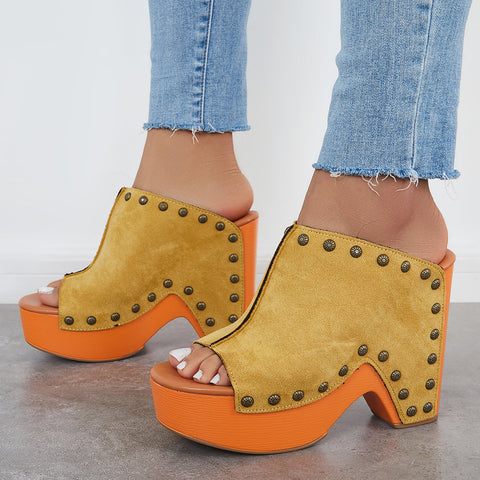 Retro Chunky Platform Heel Mules Slip on Sandals