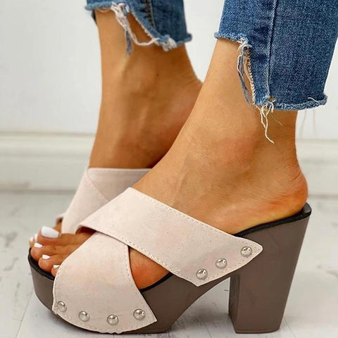 Rivet Criss Cross Chunky Block Heels Platform Slip-on Sandals