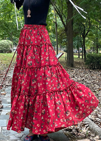 Women Red Cinched Print Patchwork Exra Large Hem Cotton Skirts Fall