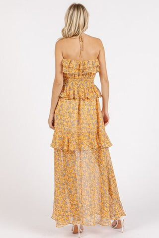 Tangerine Ruffled Floral Halter Neck Maxi Summer Dress