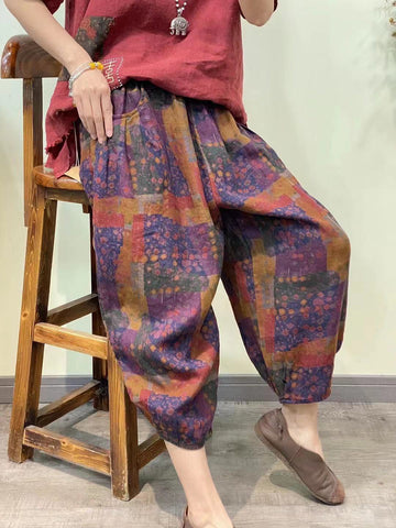 Women Worn Summer Print Loose Pocket Casual Pants