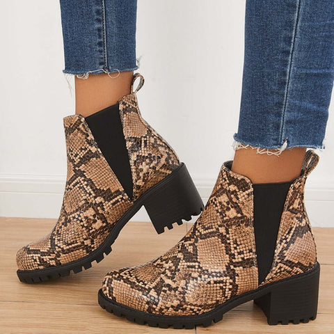Faux Leather Chelsea Lug Boots Slip-On Chunky Heel Ankle Booties