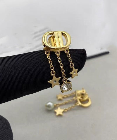 Casual Gold Copper Overgild Zircon Pearl Pentagram Tassel Drop Earrings