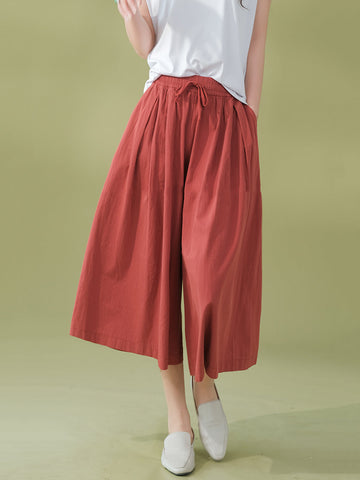 Women Summer Solid Pleat Pocket Loose Wide-leg Pants