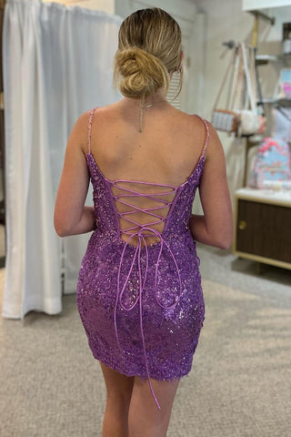 Trendy Bodycon Spaghetti Straps Purple Sequins Short Homecoming Dress with Criss Cross Back