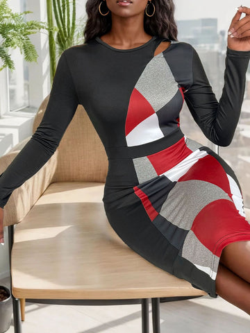 Kleid mit Rundhalsausschnitt und langen Ärmeln in Farbblock-Optik