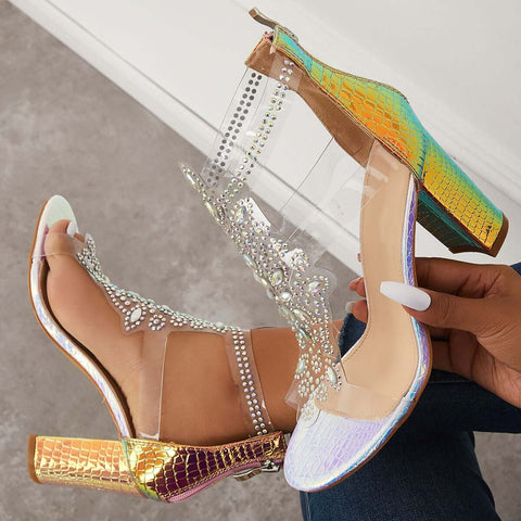 Rhinestone Block Chunky High Dress Heels T-Strap Sandals