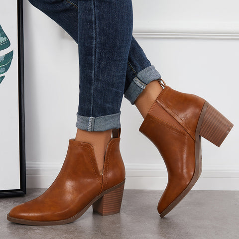 Cutout Western Ankle Cowboy Boots Chunky Stacked Heel Booties