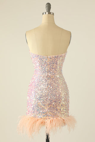 Pink Sequin Homecoming Dress with Feathers