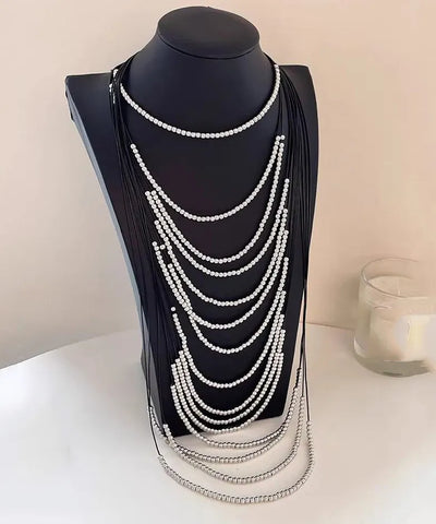 Boho Silk Copper Leather Rope Patchwork Multi-Layer Beading Tassel Gratuated Bead Necklace
