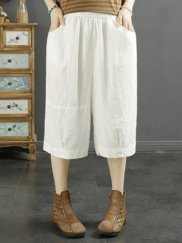 Women Summer Solid Pocket Pleat Linen Knee-Length Pants