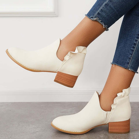 V-Cut Ruffle Ankle Boots Slip on Chunky Stacked Heel Booties