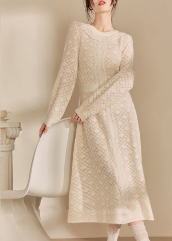 Jacquard Beige O-Ausschnitt Schmeichelnd Gestrickte Baumwollfaden Maxi Kleider Herbst
