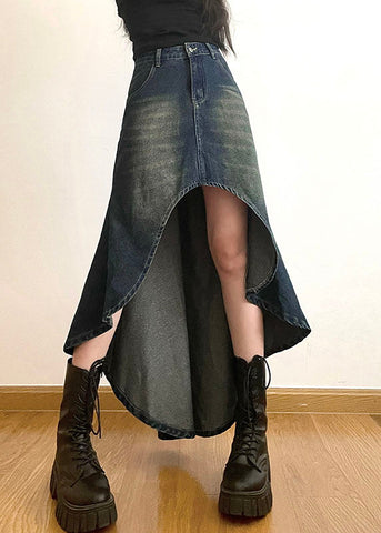Modern Blue Pockets Asymmetrical Patchwork Denim Skirts Summer