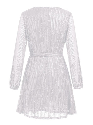 Sequin Tie Waist Long Sleeve Mini Cocktail Dress
