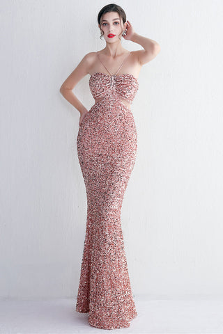 Mermaid Halter Black Sequins Long Prom Dress with Keyhole