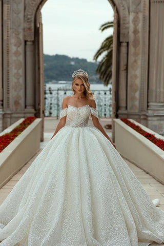 Bmbridal Off-the-Shoulder Wedding Dress Ball Gown With Lace Sequins
