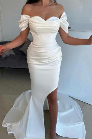 Mermaid Satin Wedding Dress Split Overskirt Off-the-Shoulder