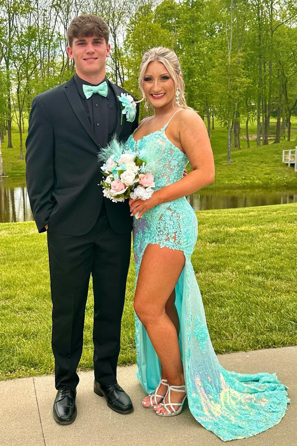 Purple Spaghetti Straps Appliques Prom Dress with Slit